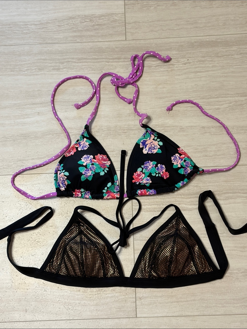 2 Triangle Bikini Tops (Floral with Purple Tie Straps) (Black with Gold Cups)